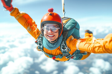 A man wearing a helmet and goggles is skydiving, freefalling through the sky in a thrilling and exhilarating recreational activity - obrazy, fototapety, plakaty