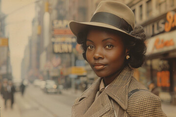 an image of a black young woman walking down the street in the 50s and 60s in retro style