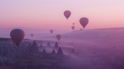 Serene view of hot air balloons rising in a pastel-hued sky over a dreamy, textured landscape