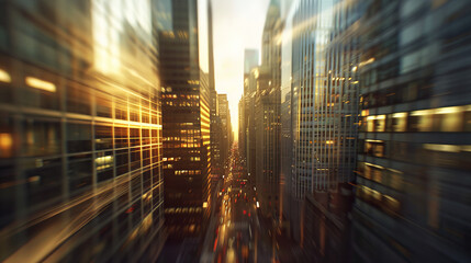 The hustle of city life captured as blurred traffic moves between tall, glowing buildings at sunset