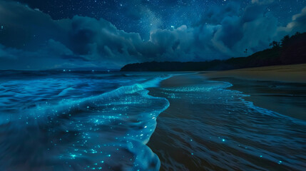 Stunning view of glowing blue waves due to bioluminescence, lighting up the sandy beach under a starry night sky - obrazy, fototapety, plakaty