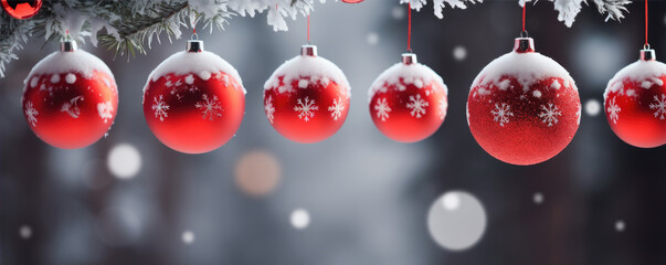Beautiful bright christmas decoration with red christmass tree balls, amazing snow forrest...