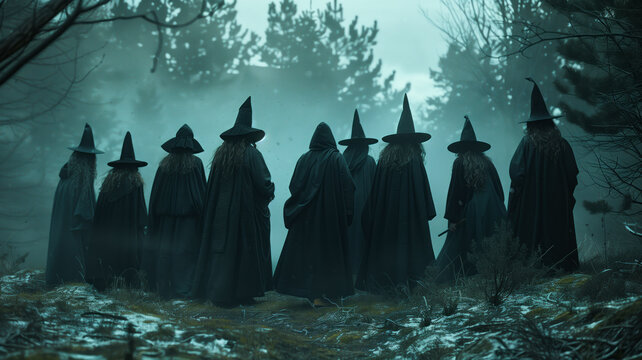witch coven gathering in misty, fog-filled forest at dusk, viewed from the back
