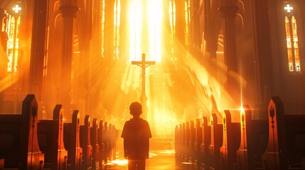 a child standing in a church with a cross and light shining through the windows - obrazy, fototapety, plakaty