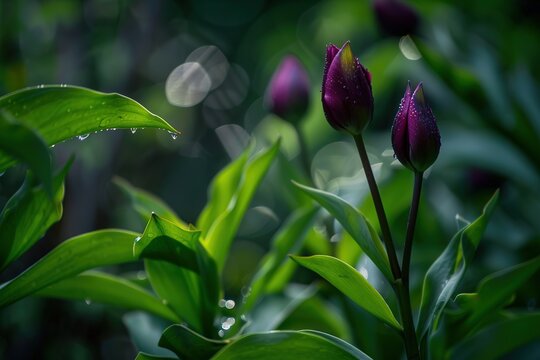 Tulips in the garden, purple tulip flowers on green leaves, blurred background, macro photography focusing on detail, depth of field