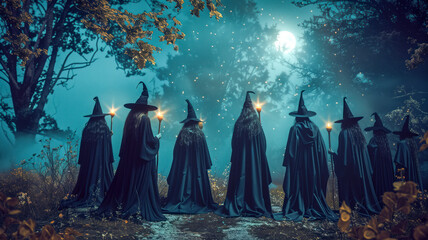 coven of witches with lanterns in a moonlit forest - obrazy, fototapety, plakaty