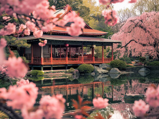 A peaceful Japanese pavilion surrounded by a harmony of pink cherry blossoms and a reflective pond