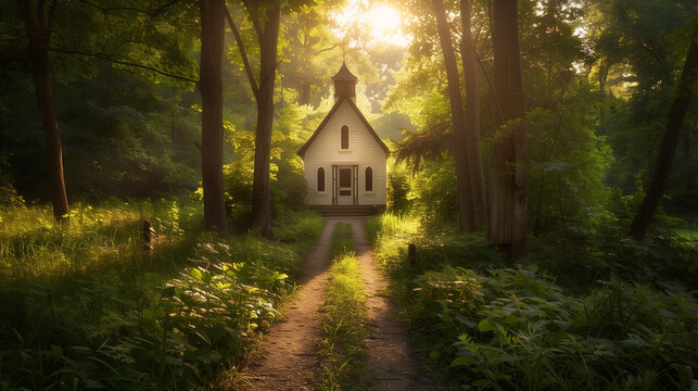 Path of Faith: An image of a natural trail leading to a small church or chapel at dusk