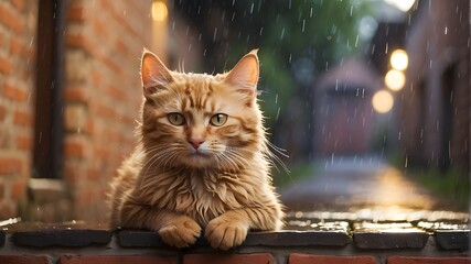 "Rain-Kissed Bliss: Happy Cat Perched on Brick Wall After Refreshing Rain Bath"