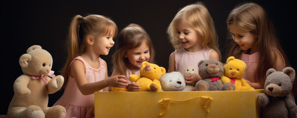 Happy cute girl is surprised in opening her birthday presents. - obrazy, fototapety, plakaty