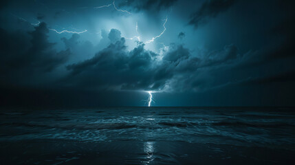 Stark lightning bolts tear through the night sky above a restless ocean, evoking ominous beauty - obrazy, fototapety, plakaty