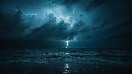 Foto auf Alu-Dibond Stark lightning bolts tear through the night sky above a restless ocean, evoking ominous beauty © Daniel