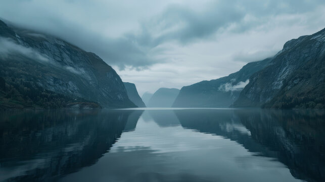 A serene fjord with calm waters embracing the mighty mountainous terrain covered in mist