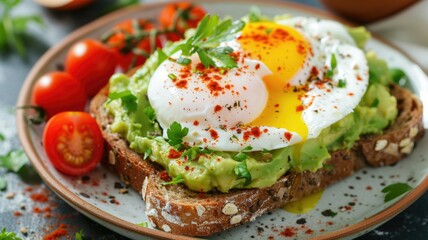 avocado toast on whole grain bread, topped with poached eggs, cherry tomatoes, and a sprinkle of red pepper flakes - obrazy, fototapety, plakaty
