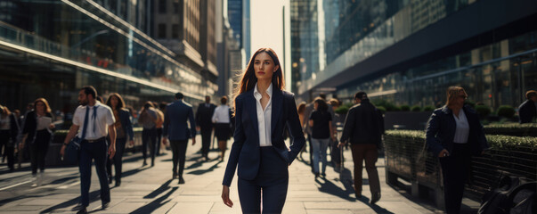 Successful businesswoman walking down the business centrum, reflective skyscrapers around. - obrazy, fototapety, plakaty
