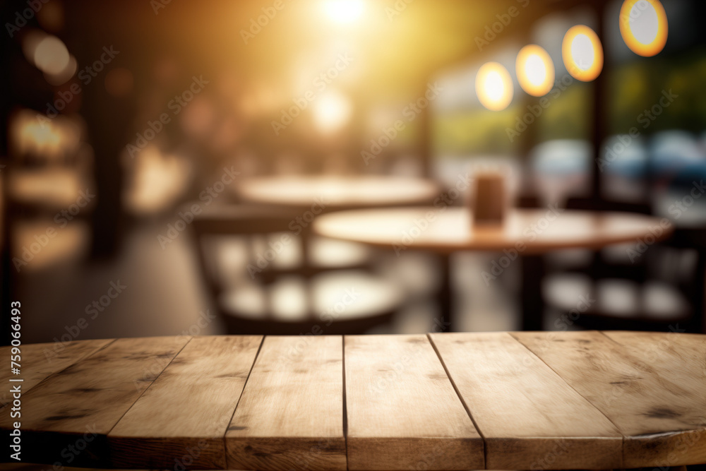Poster wooden table blurred background of restaurant of cafe with bokeh. flawless generative ai