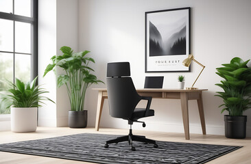 Modern stylish office interior with a table, computer and chair. Home work place interior 