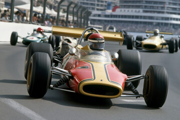 Fototapeta na wymiar Vintage Formula One Race Car Leading Pack on Classic Track