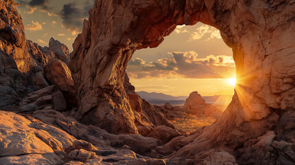 Sunset through a rocky desert arch.
