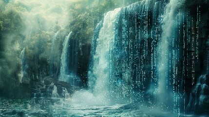 digital waterfalls, green matrix binary code Cascading Through  waterfall. 
