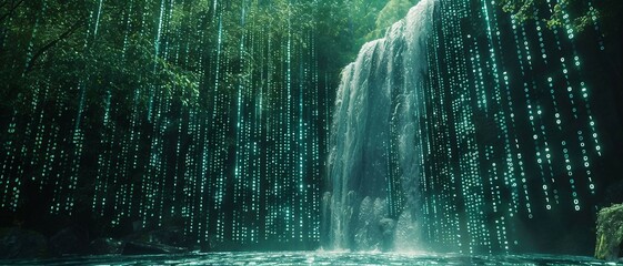 digital waterfalls, green matrix binary code Cascading Through  waterfall. 

