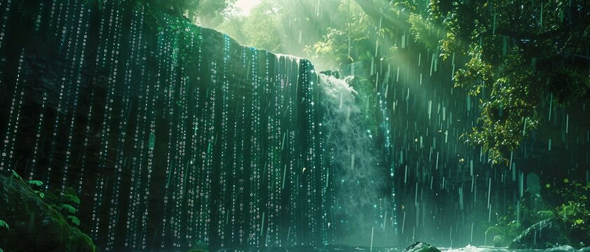 digital waterfalls, green matrix binary code Cascading Through  waterfall. 
