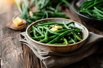 Bowl of Green Beans with Butter on a Wooden Table
