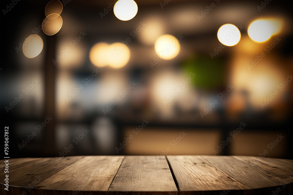 Poster wooden table blurred background of restaurant of cafe with bokeh. flawless generative ai