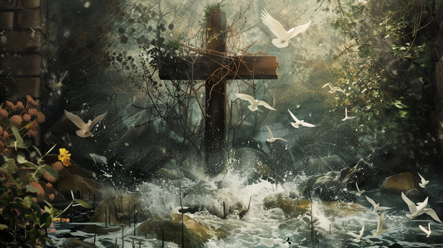 Christian Symbolism in Nature: An artistic illustration that integrates Christian symbols like the cross, fish (ichtus)