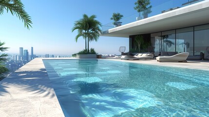 Dive into elegance with this AI-generated image of a contemporary rooftop pool, featuring a sleek infinity edge, panoramic city views, and chic lounge areas with modern furnishings.
