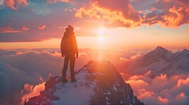 man standing on snow mountain peak Amidst the fog and sunrise