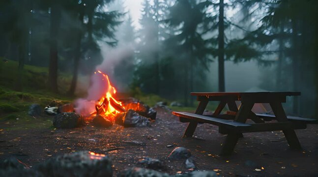 Campfire in the forest foggy campground