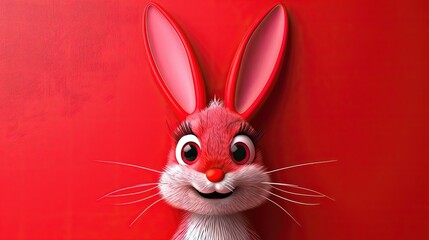 A 3D-rendered red rabbit with big ears on a red background.