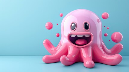 A cheerful pink 3D octopus character on a light blue background.