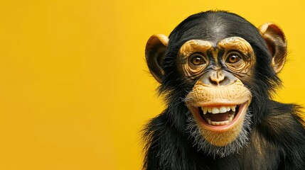 A cheerful 3D-rendered chimpanzee with a wide smile on a yellow background. - obrazy, fototapety, plakaty