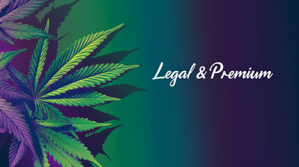 Fototapeta na wymiar Leafy cannabis graphic elements with Legal & Premium text overlaid on a purple to green gradient, symbolizing high-quality legal cannabis products