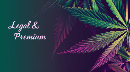 Vivid color backdrop with a sharp focus on a cannabis leaf denoting premium legal cannabis products' concept