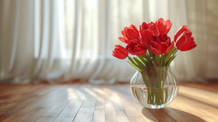 Bouquet of red tulips in minimalist glass vase on wooden parquet near the white drapery
