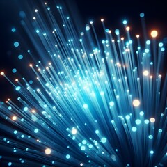 A close-up of fiber optic cables transmitting data at high speeds, with the cables emitting a brilliant blue light as information travels through them.
