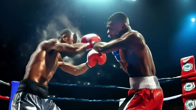Two African American boxers in a ring, one landing a punch. Intense boxing match moment. Concept of athletic competition, the power of sport, and the peak action of boxing. Action