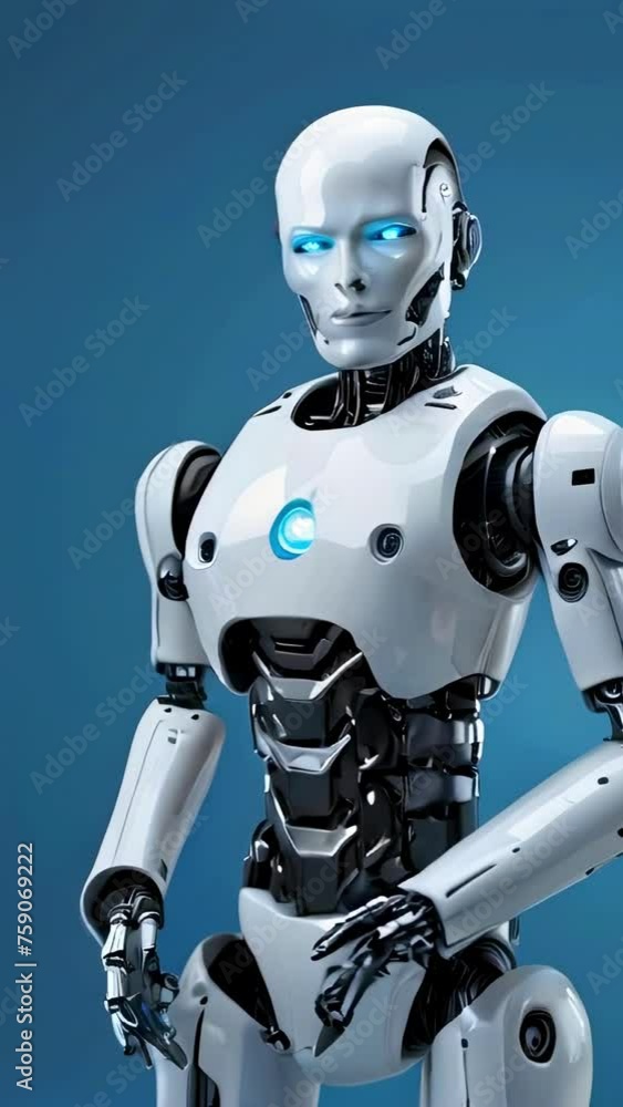 Poster humanoid robot with glowing red eyes. futuristic artificial intelligence concept for technology and 