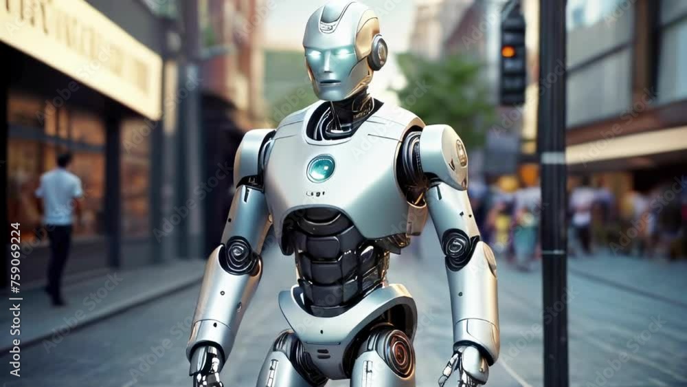 Poster advanced humanoid robot with glowing eyes in urban settings. modern white robot android walks along 