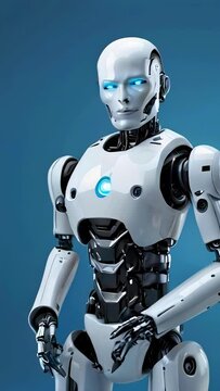 Humanoid robot with glowing red eyes. Futuristic artificial intelligence concept for technology and robotics design. Modern white android. Bot. Plain blue background. Motion. Vertical format