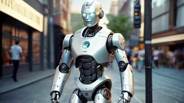 Advanced humanoid robot with glowing eyes in urban settings. Modern white robot android walks along the city street. High-tech artificial intelligence and robotics concept. Motion