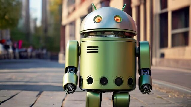 Friendly green robot on city sidewalk. Quirky android with glowing eyes enjoying a sunny day. Concept of futuristic AI companions, robotics in urban life, and friendly technology. Motion