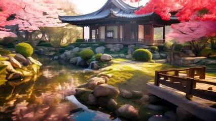 Beauty of a Japanese garden, where cherry blossoms bloom, flows clear river, a stone path leads to a tea house. The harmony of nature and architecture. Backdrop for a traditional tea gathering. Motion