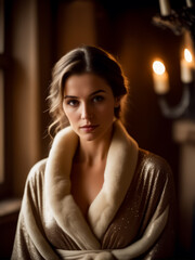 Fototapeta premium A woman is wearing a gold and white dress with a fur collar
