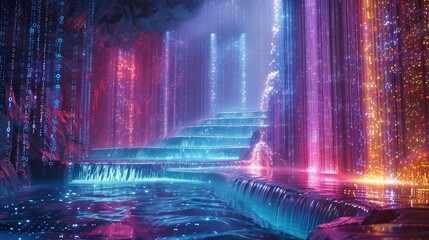 digital waterfalls, colorful  matrix binary code Cascading Through  waterfall. 
