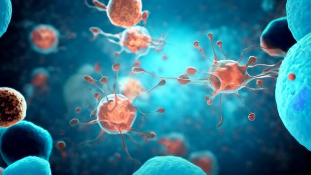 Detailed virus and bacteria cells floating in a blue environment. Microscopic pathogens with extended receptors. Concept of medical research, infectious diseases, and microbiology studies. Motion