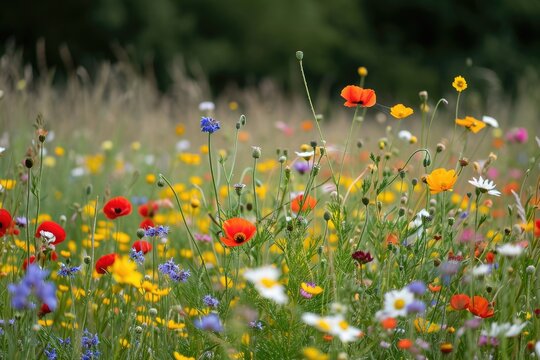 Summer wildflower meadow, Colorful summer flowers blooming in green grass